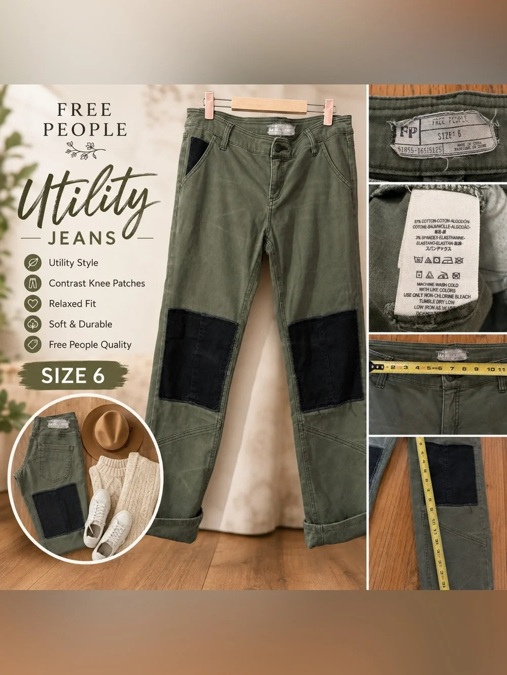 Free People Olive Green Utility-Style Pants with Black Button Detail